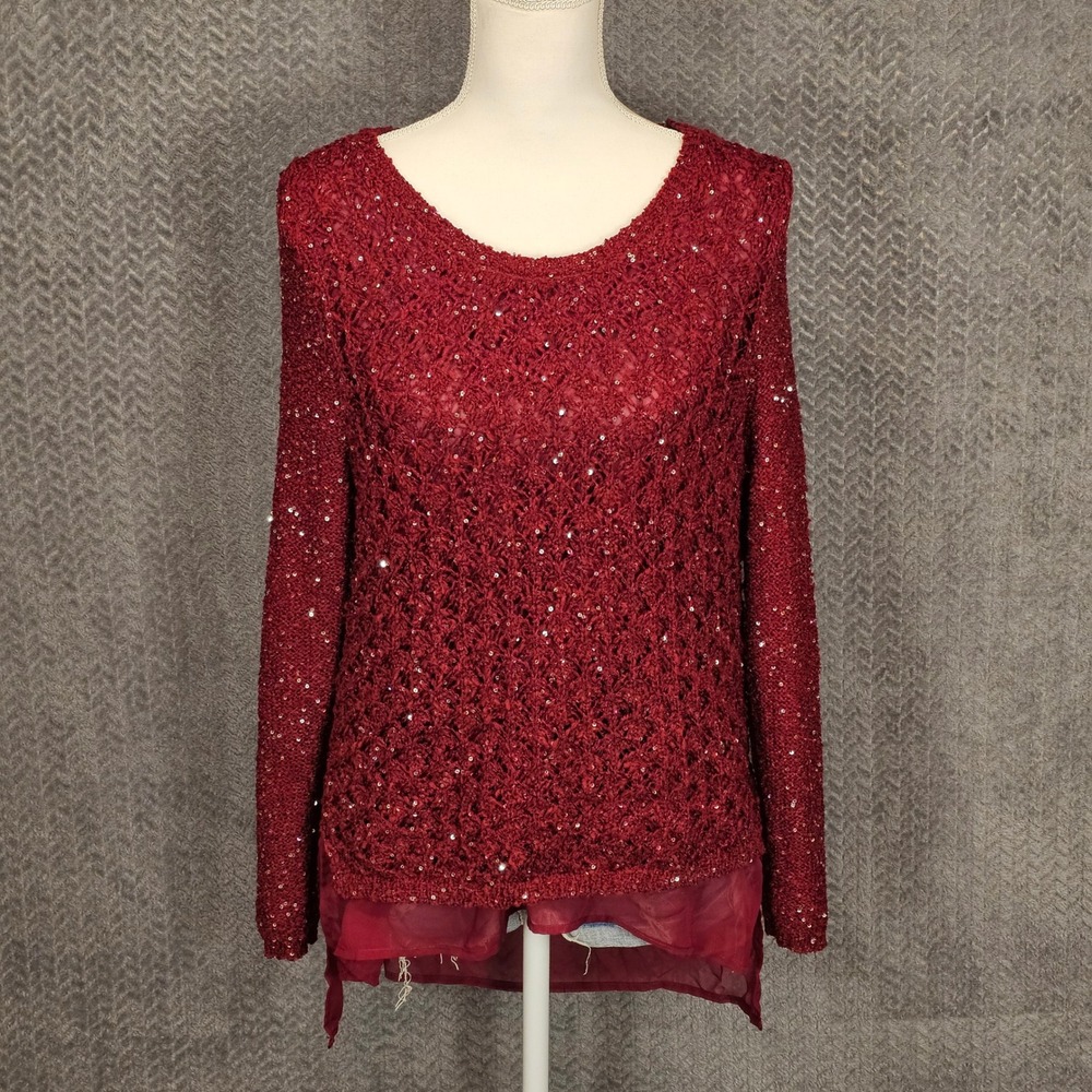Romantic Red‎ Sequin Open Knit Layered Hem Sweater Medium Scoop Neck Long Sleeve